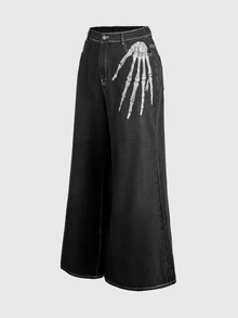 ROMWE Grunge Punk Halloween Plus Size Dark Skeleton Print Loose Wide Leg Jeans High Waist Slimming Versatile Street Style Casual Long Pants - Black - View 5