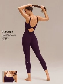 GLOWMODE 24" ButterFit Make The Cut Knotted Back Butt Scrunch Jumpsuit Bodysuit Low Impact Yoga Daily Removable Cups Spring Summer - Bold Plum - View 1