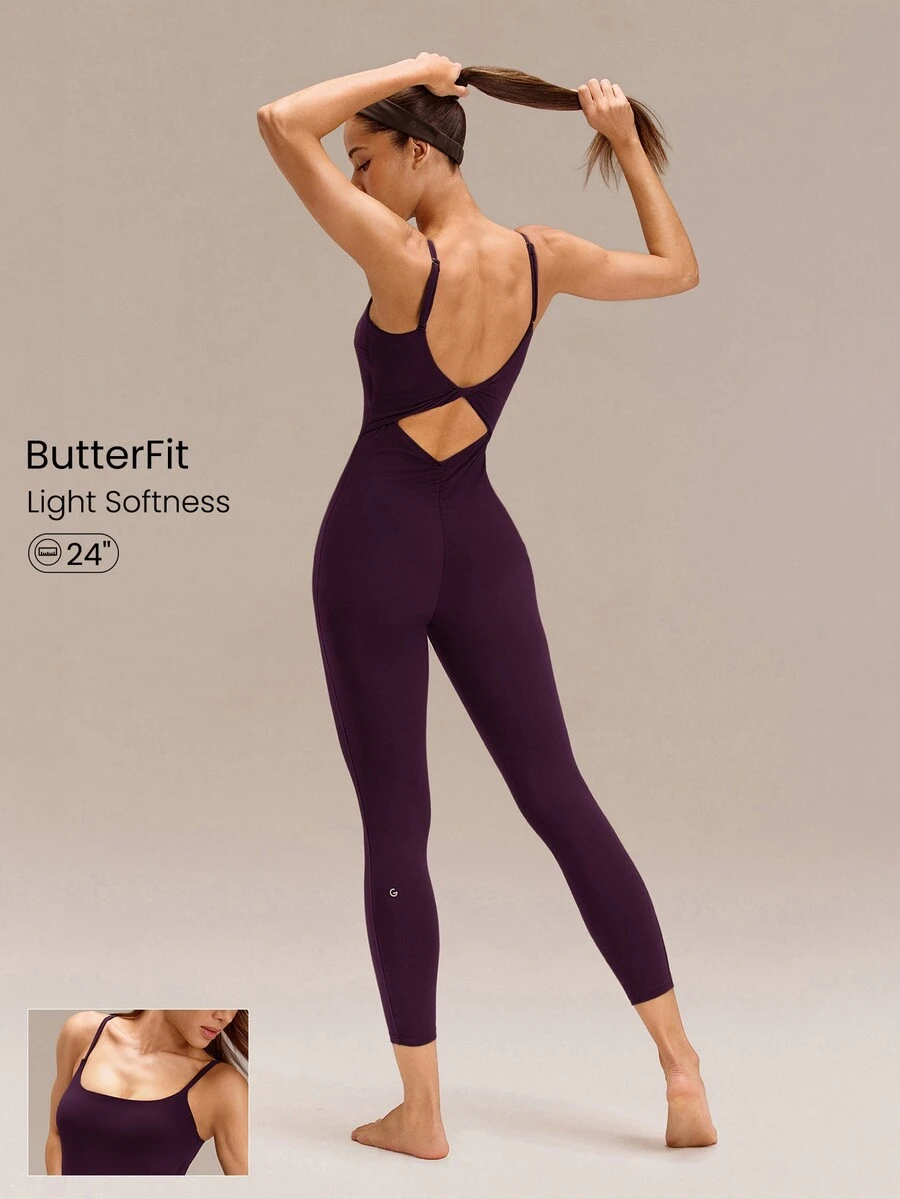 GLOWMODE 24" ButterFit Make The Cut Knotted Back Butt Scrunch Jumpsuit Bodysuit Low Impact Yoga Daily Removable Cups Spring Summer - Bold Plum - View 1