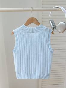 SHEIN Tween Girl) Light Apricot V-Neck Vest Embroidered Knit Sweater, Soft And Comfortable - Baby Blue - View 2