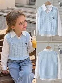 SHEIN Tween Girl) Light Apricot V-Neck Vest Embroidered Knit Sweater, Soft And Comfortable - Baby Blue - View 1