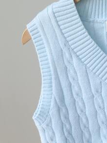 SHEIN Tween Girl) Light Apricot V-Neck Vest Embroidered Knit Sweater, Soft And Comfortable - Baby Blue - View 5