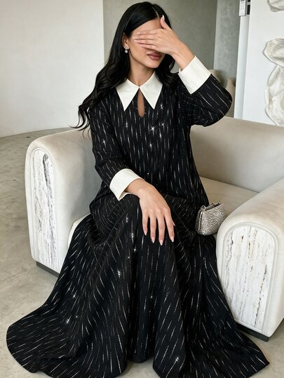 Yasveil فستان عربي نسائي أسود بياقة شال وفتحة رقبة على شكل قطرة ماء وأكمام طويلة بتصميم رومانسي أنيق