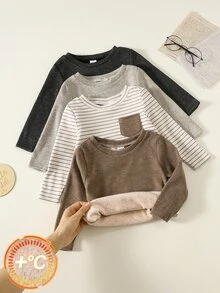 男女嬰兒/幼兒秋冬加厚抓絨內裡休閒可愛長袖T恤多件組內搭上衣，嬰兒冬季上衣 - 黑色 - 查看 3
