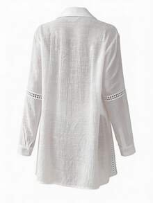 SHEIN Swim Basics Women's Solid Color Button Front Long Sleeve Casual Kimono-Style Cover Up, For Summer Beach Vacation - White - View 9