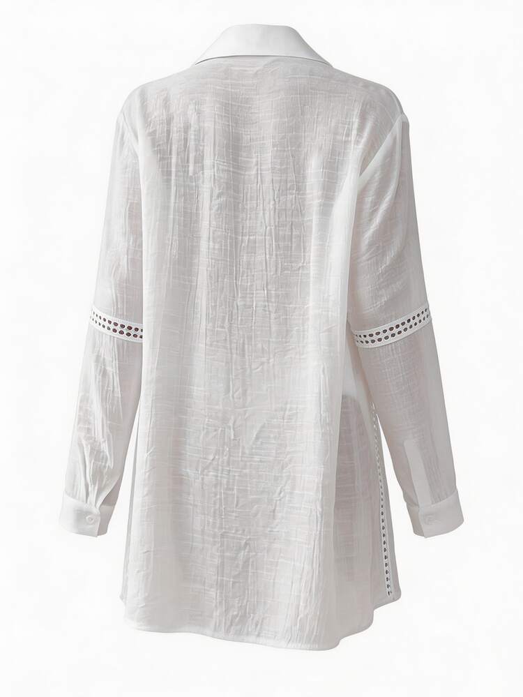 SHEIN Swim Basics Women's Solid Color Button Front Long Sleeve Casual Kimono-Style Cover Up, For Summer Beach Vacation - White - View 9