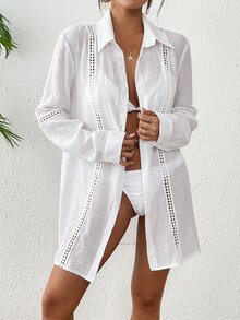 SHEIN Swim Basics Women's Solid Color Button Front Long Sleeve Casual Kimono-Style Cover Up, For Summer Beach Vacation - White - View 6