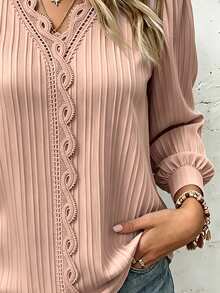 Plus Size Plain Lace Trim Long Sleeve Casual Blouse Fall Cloth For Women - Baby Pink - View 3