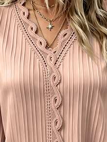 Plus Size Plain Lace Trim Long Sleeve Casual Blouse Fall Cloth For Women - Baby Pink - View 4
