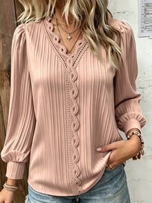 Plus Size Plain Lace Trim Long Sleeve Casual Blouse Fall Cloth For Women - Baby Pink - View 7