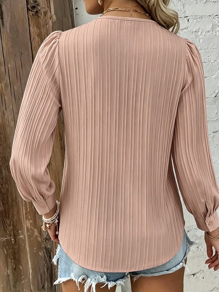 Plus Size Plain Lace Trim Long Sleeve Casual Blouse Fall Cloth For Women - Baby Pink - View 2