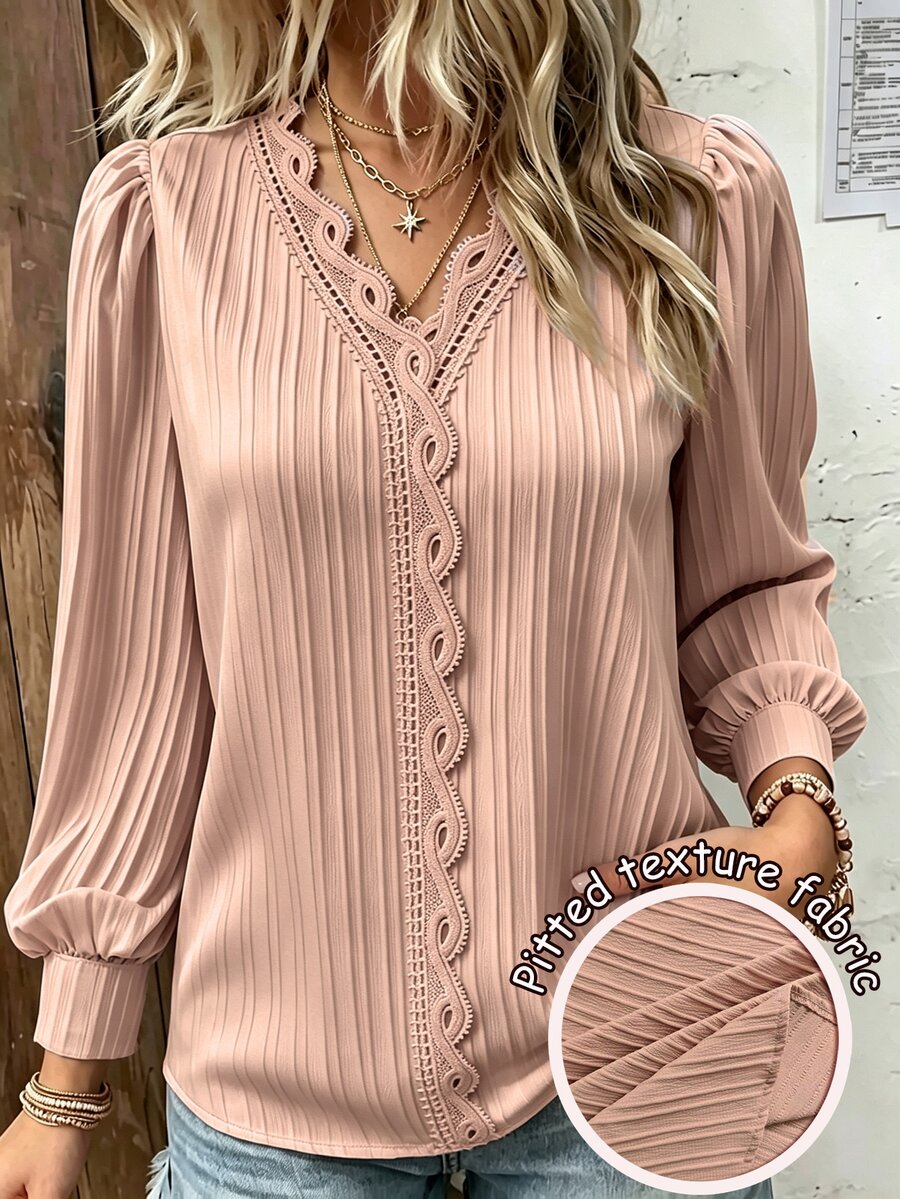 Plus Size Plain Lace Trim Long Sleeve Casual Blouse Fall Cloth For Women - Baby Pink - View 1