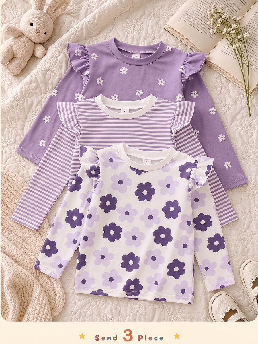 SHEIN Vintaside Kids Setelan 3 Potong Anak Perempuan Bermotif, Lengan Bergelombang Garis Bunga, Lucu Manis Elegan Peri Gadis Koboi Nyaman, Cocok untuk Jalan-jalan, Musim Semi Musim Panas Musim Gugur Putih - MultiWarna - View 1