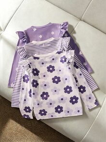 SHEIN Vintaside Kids 女童 3 件式印花套裝，花卉條紋飄逸袖，可愛甜美優雅仙女牛仔風，舒適，適合外出，春夏秋，白色 - 彩色 - 查看 2