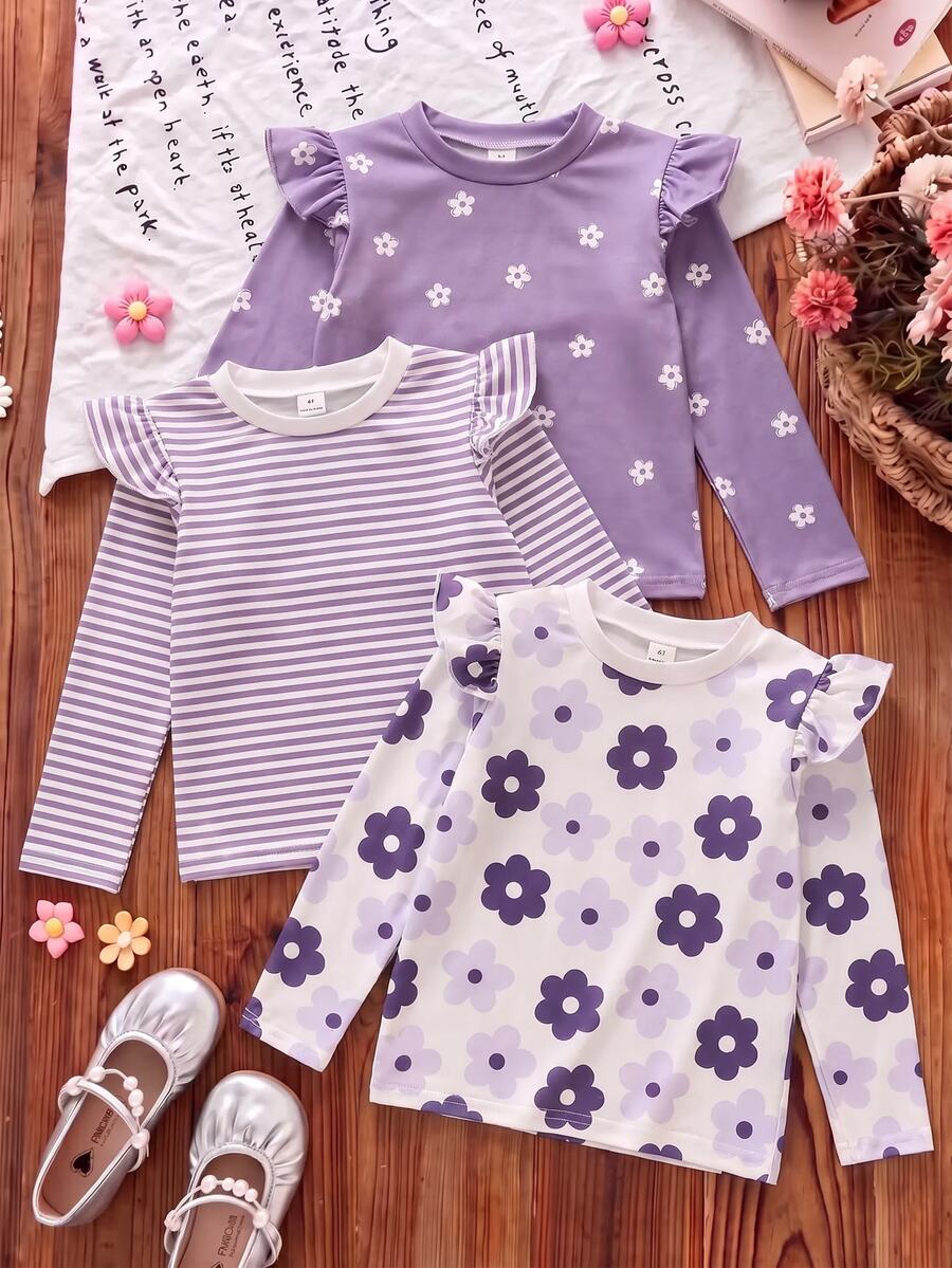 SHEIN Vintaside Kids 女童 3 件式印花套裝,花卉條紋飄逸袖,可愛甜美優雅仙女牛仔風,舒適,適合外出,春夏秋,白色 - 彩色 - 查看 1