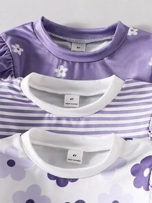 SHEIN Vintaside Kids 女童 3 件式印花套裝，花卉條紋飄逸袖，可愛甜美優雅仙女牛仔風，舒適，適合外出，春夏秋，白色 - 彩色 - 查看 4
