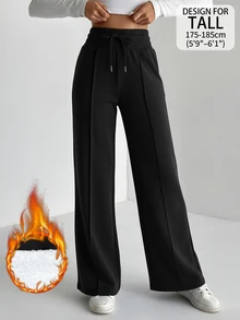 SHEIN Tall 純色抽繩腰寬腿運動長褲 - 黑色 - 查看 8