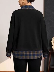 Comfylo Plus Size Women's Black & White Contrast Hoodie Shirt Collar 2 In 1 Fall - Black - View 2