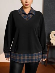 Comfylo Plus Size Women's Black & White Contrast Hoodie Shirt Collar 2 In 1 Fall - Black - View 6