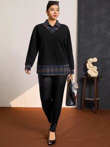 Comfylo Plus Size Women's Black & White Contrast Hoodie Shirt Collar 2 In 1 Fall - Black - View 3