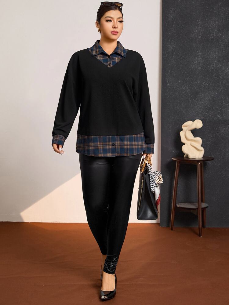 Easowa Curve Hoodie Kerah Kemeja Kontras Hitam & Putih Ukuran Besar untuk Wanita, 2 in 1 untuk Musim Gugur - Hitam - View 3