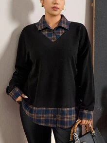 Comfylo Plus Size Women's Black & White Contrast Hoodie Shirt Collar 2 In 1 Fall - Black - View 1