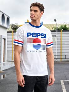 PEPSI X SHEIN Manfinity Dauomo 男士夏季寬鬆短袖T恤，對比色條紋籃球印花圖案，舒適面料，休閒百搭版型，日常街頭風 - 彩色 - 查看 3