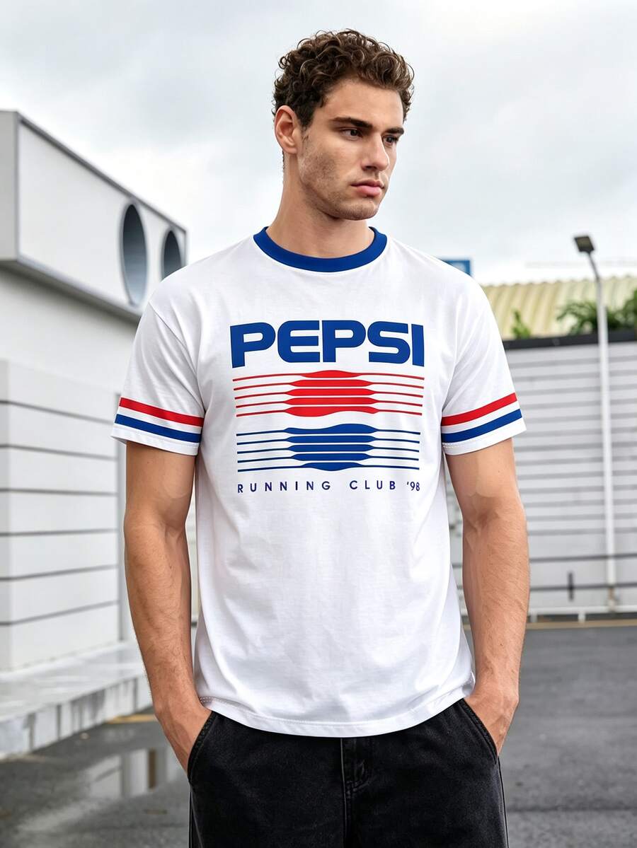 PEPSI X SHEIN Manfinity Dauomo 男士夏季寬鬆短袖T恤,對比色條紋籃球印花圖案,舒適面料,休閒百搭版型,日常街頭風 - 彩色 - 查看 1