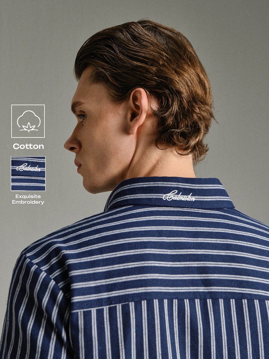 Calmiston 男士條紋休閒日常穿著襯衫 節慶男孩款 秋冬新款 Polo 衫，Camisa Polo Masculina - 藏蓝色 - 查看 1