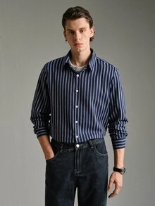 Calmiston 男士條紋休閒日常穿著襯衫 節慶男孩款 秋冬新款 Polo 衫，Camisa Polo Masculina - 藏蓝色 - 查看 3