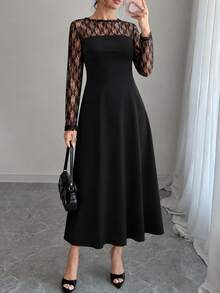 Elenzga Plus Size Women's Fashion Elegant Formal Party Cocktail Black Lace Patchwork Ribbed Knit A-Line Regular Fit Long Sleeve Dress Wedding Wedding Autumn - Black - View 1
