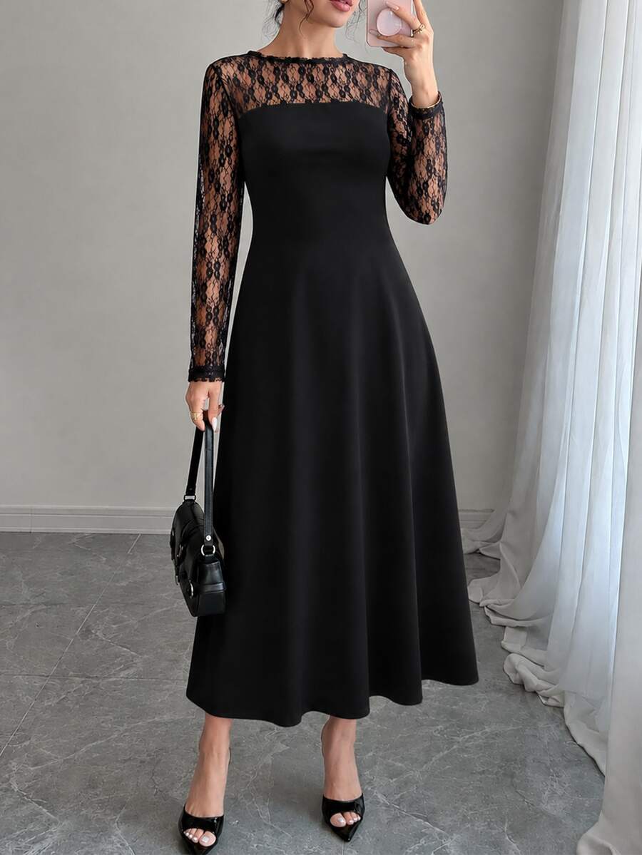 Elenzga Plus Size Women's Fashion Elegant Formal Party Cocktail Black Lace Patchwork Ribbed Knit A-Line Regular Fit Long Sleeve Dress Wedding Wedding Autumn - Black - View 1