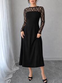 Elenzga Plus Size Women's Fashion Elegant Formal Party Cocktail Black Lace Patchwork Ribbed Knit A-Line Regular Fit Long Sleeve Dress Wedding Wedding Autumn - Black - View 3