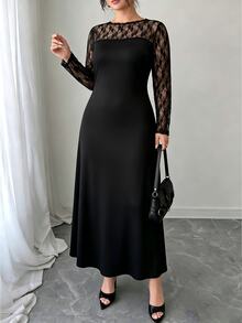Elenzga Plus Size Women's Fashion Elegant Formal Party Cocktail Black Lace Patchwork Ribbed Knit A-Line Regular Fit Long Sleeve Dress Wedding Wedding Autumn - Black - View 4