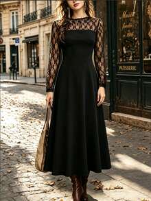 Elenzga Plus Size Women's Fashion Elegant Formal Party Cocktail Black Lace Patchwork Ribbed Knit A-Line Regular Fit Long Sleeve Dress Wedding Wedding Autumn - Black - View 5
