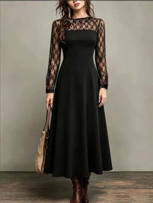 Elenzga Plus Size Women's Fashion Elegant Formal Party Cocktail Black Lace Patchwork Ribbed Knit A-Line Regular Fit Long Sleeve Dress Wedding Wedding Autumn - Black - View 8