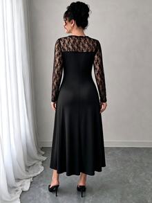 Elenzga Plus Size Women's Fashion Elegant Formal Party Cocktail Black Lace Patchwork Ribbed Knit A-Line Regular Fit Long Sleeve Dress Wedding Wedding Autumn - Black - View 2