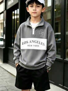 SHEIN Mirajuku 1件男童簡約優雅英文字印花 Polo 衫，拼接長袖，極簡時尚翻領白色襯衫，適合運動休閒穿著，亦適用於多種場合與多個季節 - 灰色 - 查看 3