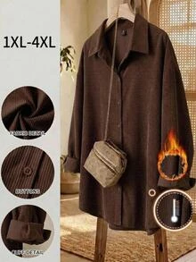 SHEIN LUNE Plus Size Women Solid Color Long Sleeve Casual Loose Fit Shirt Winter - Coffee Brown - View 2