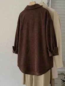 SHEIN LUNE Plus Size Women Solid Color Long Sleeve Casual Loose Fit Shirt Winter - Coffee Brown - View 7