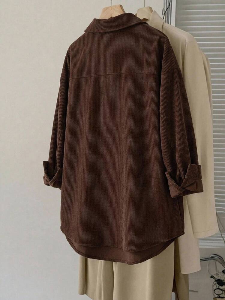 SHEIN LUNE Plus Size Women Solid Color Long Sleeve Casual Loose Fit Shirt Winter - Coffee Brown - View 7