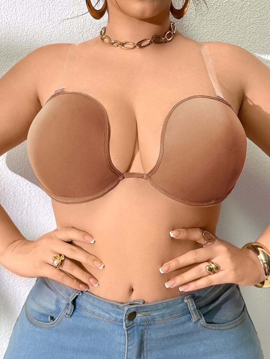 DesireSculpt Bra Wanita Ukuran Besar dengan Desain Blok Warna Kasual dan Tali Transparan - Mocha Brown - View 1