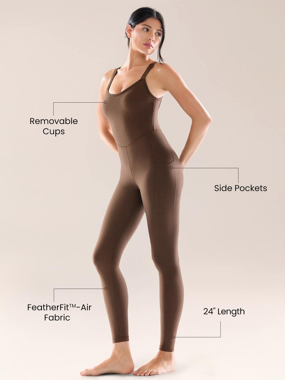 24" ButterFit Feel Good Moves Buttery-Soft Stretchy Sweat-Wicking Removable Cups Side Pockets Open-Back Bodysuit Yoga Pilates Gym