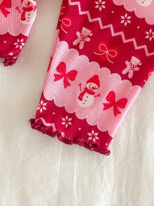 Cozy Pixies 新生女嬰可愛休閒針織杏色長袖上衣與彈性腰圍聖誕馴鹿雪人蝴蝶結圖案褲套裝居家服 - 紅白色 - 查看 10