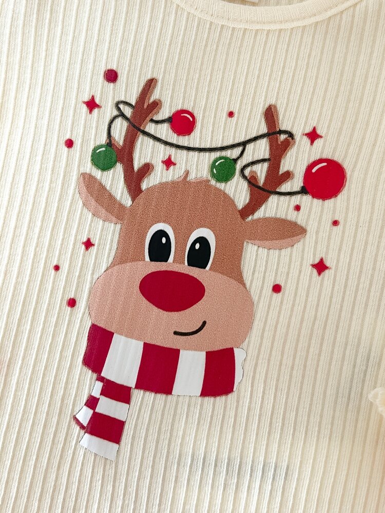 Cozy Pixies Newborn Baby Girl Cute Casual Knitted Apricot Long Sleeve Top And Elastic Waist Christmas Reindeer Snowman Bow Pattern Pants Set Loungewear - Red and White - View 6