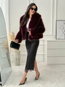 Medorina Mantel Bulu Imitasi Mewah Berwarna Polos untuk Wanita, Modis dan Serbaguna - Burgundy - View 3