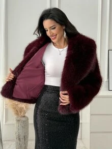 Medorina Mantel Bulu Imitasi Mewah Berwarna Polos untuk Wanita, Modis dan Serbaguna - Burgundy - View 8