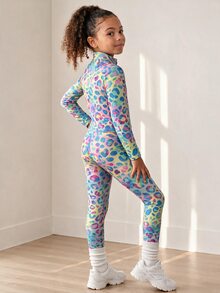 SHEIN 女童時尚休閒藍色印花3件套，舒適高彈性，適合運動、健身、戶外活動、購物等 - 彩色 - 查看 2