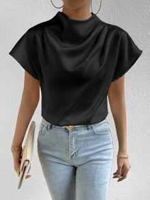 SHEIN Mock Neck Batwing Sleeve Satin Blouse,Short Sleeve Tops - Black - View 6