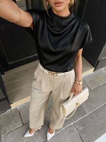 SHEIN Mock Neck Batwing Sleeve Satin Blouse,Short Sleeve Tops - Black - View 2